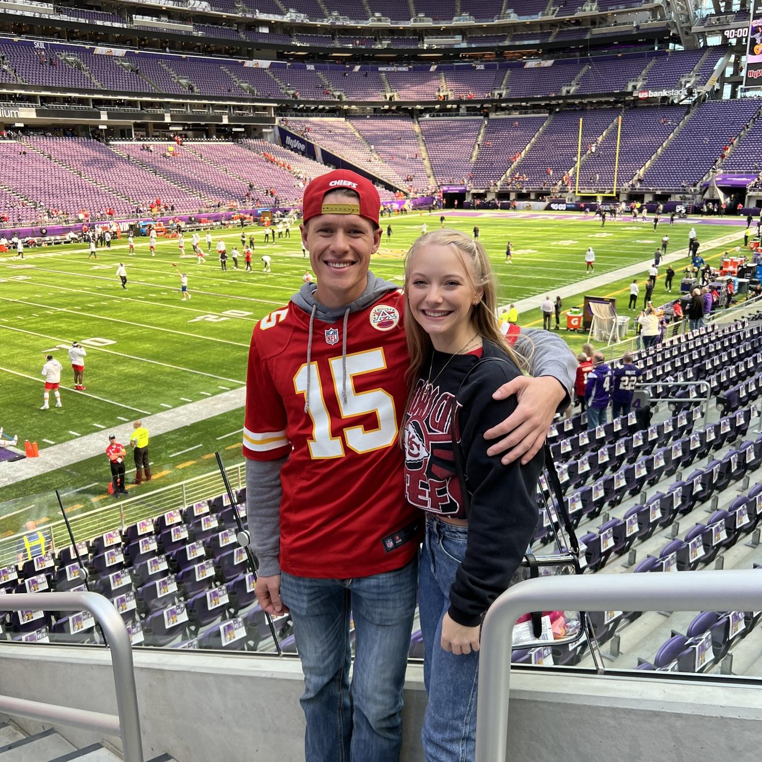 Chiefs-Vikings game in Minneapolis after we got engaged!
