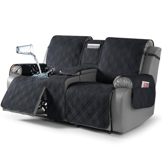 TAOCOCO Waterproof Loveseat Recliner Cover with Console, Non-Slip Reclining Loveseat with Console Cover with Pocket, Split Recliner Sofa Covers Furniture Protector for Pets Dogs(2 Seater, Black)