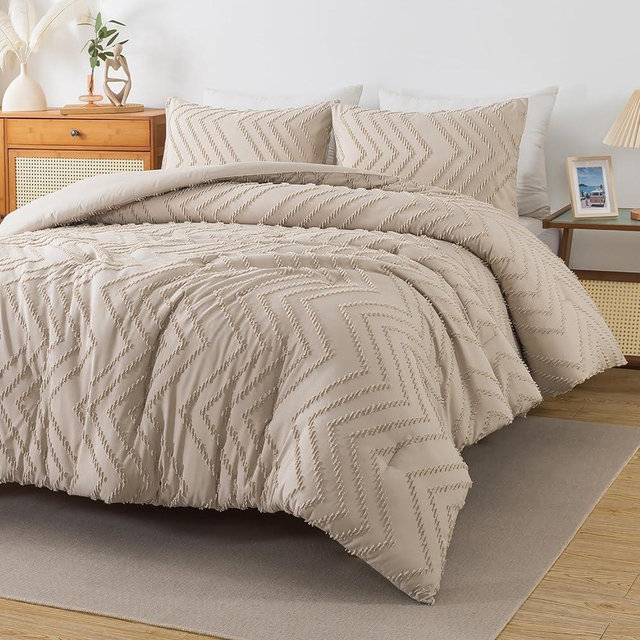 Andency Khaki Boho Comforter Set King Size, Beige Soft Fluffy Tan Warm Lightweight Bedding Comforter Sets for King Bed, 3 Pieces Taupe Chevron Tufted Aesthetic Microfiber Lightweight Comforter Set