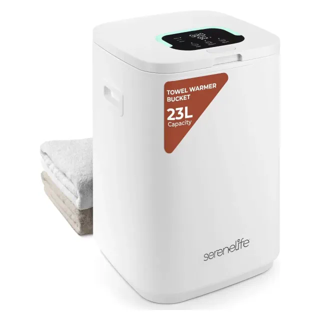 SereneLife 23L Towel Warmer Bucket - White, Adjustable Timer, Essential Oils Disc Holder, Fits 2 Oversized Towels