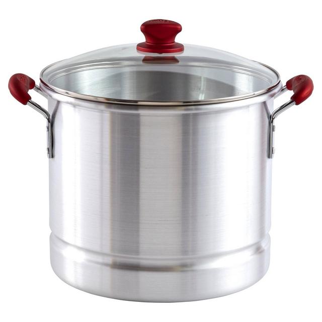 IMUSA 32qt Aluminum Tamale/Seafood Steamer with Ruby Red Handles & Glass Lid