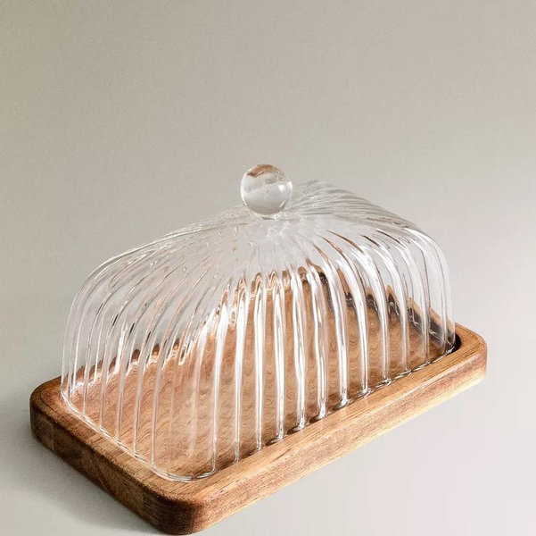 BOROSILICATE GLASS AND WOOD BUTTER DISH