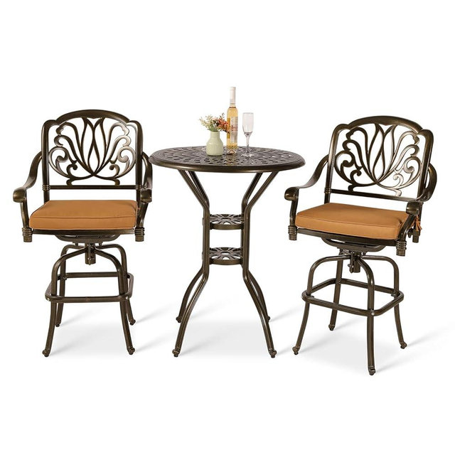 VIVIJASON 3-Piece Patio Swivel Bar Stools Set, All Weather Cast Aluminum Outdoor Bar Height Bistro Set with 2 Cushioned Bar Chairs & 31" High Bar Table w/Umbrella Hole for Backyard, Lawn, Garden