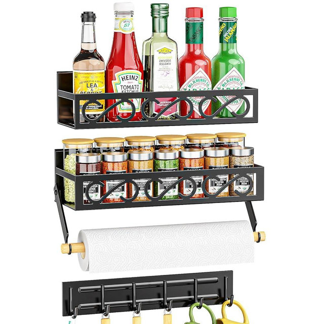 Bunoxea Spice Rack Magnetic for Refrigerator, 3 Pack Magnetic Spice Shelf, Moveable Fridge Organizer with 6 Hook Rack, Magnetic Fridge Organizer,Seasoning Organizer for Kitchen