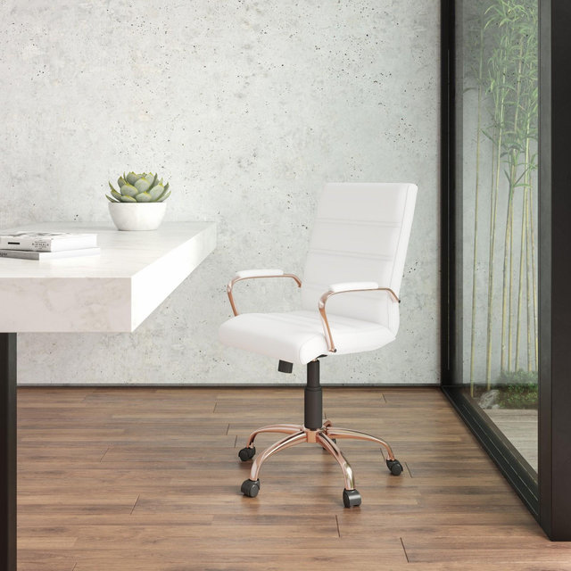 Emma and Oliver Mid-Back White LeatherSoft Executive Swivel Office Chair - Rose Gold Frame/Arms