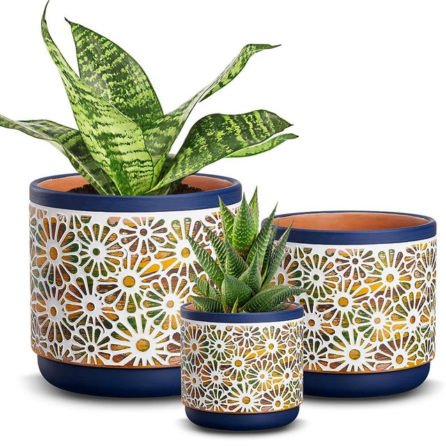 Qipecedm 3 Piece Ceramic Plant Pots, 5.7/4.7/3.5/inch Planters with Drainage Hole, Outdoor Indoor Flower Pots Set, Modern Decorative Plant Pots for Lilies, Cacti, Succulents, Snakes, Bamboo(Blue)