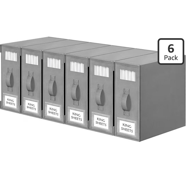 Bed Sheet Organizers and Storage, 6 Pack Foldable Linen Closet Organizer Box – Bedding Holder for Sheet Set (King/Queen Sizes), Duvet Covers, Blankets (Grey)