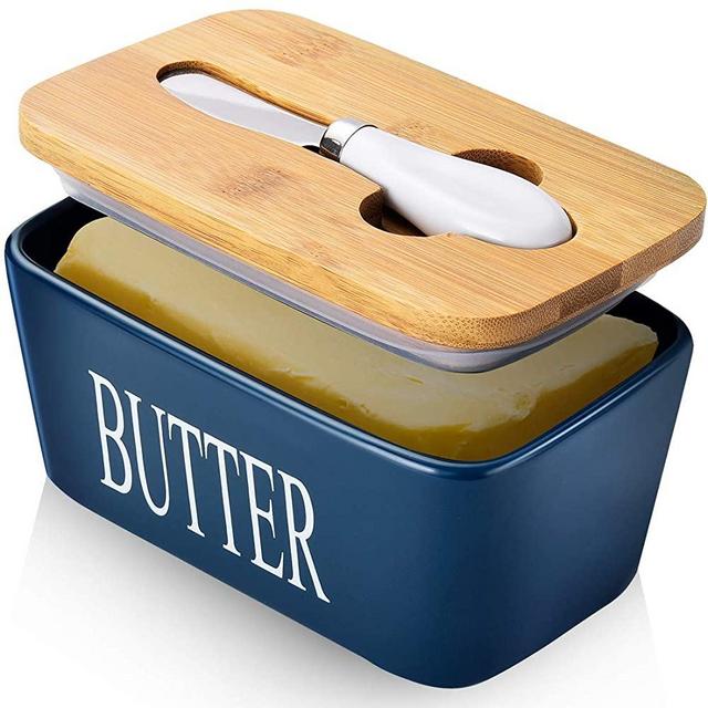 Large Butter Dish with Lid Holds Up to 2 Sticks Ceramics Butter Keeper Container with Knife and Stainless Steel Double-layer Silicone Sealing Butter Dishes with Covers Good Kitchen Gift Blue