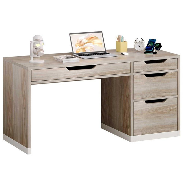 52 Inch Desk with 4 Drawers, Computer Desk with Storage File Cabinet for Bedroom, Small Office Desk with Storage for Small Space, White and Walnut