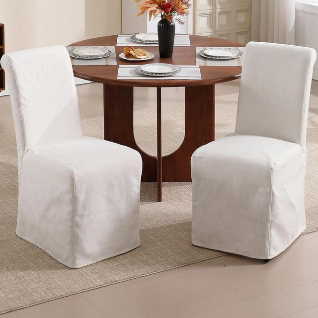 DM Furniture Parsons Dining Chairs Set of 2 Upholstered Linen Fabric Kitchen Chairs with Removable Skirted Slipcover, High Back Side Chairs with Solid Wood Legs for Dining/Living Room, Banquet, Beige
