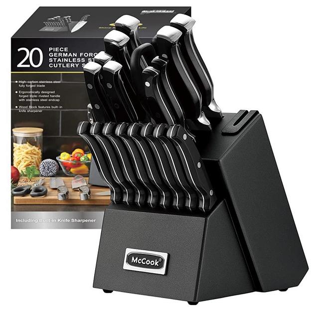 McCook MC65B Black Knife Sets, 20 Pieces German Stainless Steel Forged Kitchen Knives Block Set with Built-in Knife Sharpener