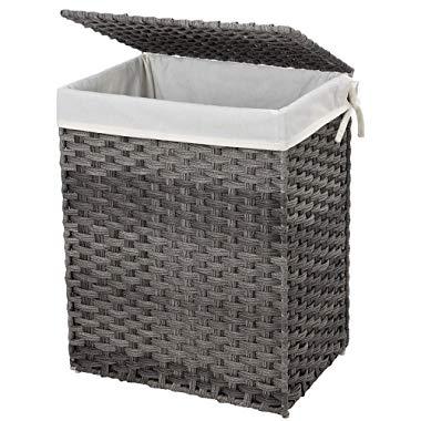 SONGMICS Handwoven Laundry Basket, 90L Synthetic Rattan Wicker Clothes Hamper with Lid and Handles, Foldable, Removable Liner Bag, Stable Iron Frame, Gray ULCB51WG