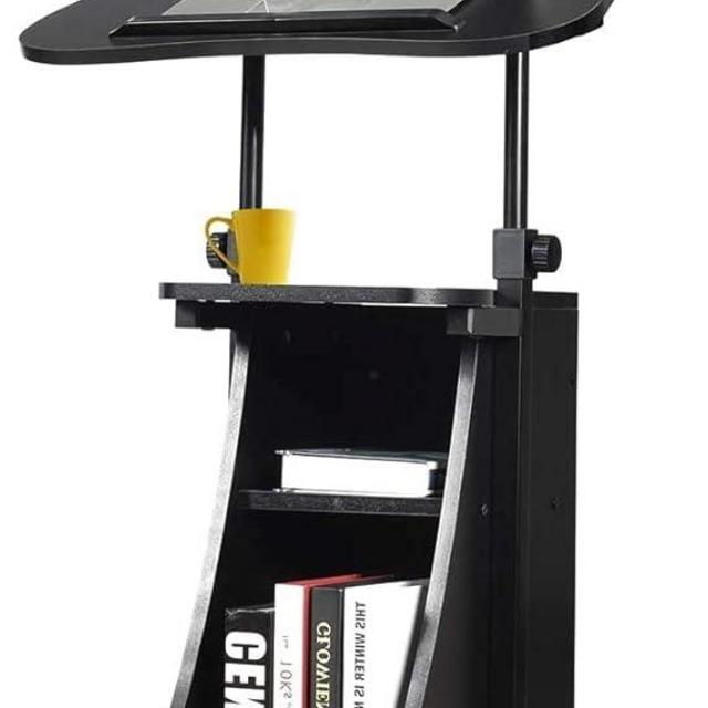 Mobile Laptop Desk, Height Adjustable Podium Stand w/ 4 Wheels & Tiltable Desktop, Rolling Lectern Cart Laptop Desk with Storage Shelves for School, Office, Home, Black
