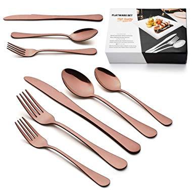 LIANYU 40-Piece Copper Flatware Silverware Set for 8, Stainless Steel Cutlery Eating Utensils Set, Wedding Party Festival Silverware, Mirror Finish, Dishwasher Safe
