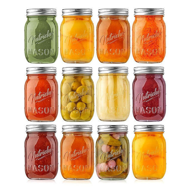 NutriChef 12-Pack 16 oz Mason Jars with Lids - Thick Glass Canning Jars with Stainless Steel Lids - Ideal for DIY Spices, Meal Prep, Overnight Oats, Jelly, Jam, Honey, Candles, Crafts, & More