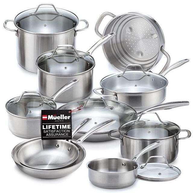 Mueller Pots and Pans Set 17-Piece, Ultra-Clad Pro Stainless Steel Cookware Set, Ergonomic and EverCool Stainless Steel Handle, Includes Saucepans, Skillets, Dutch Oven, Stockpot, Steamer and More