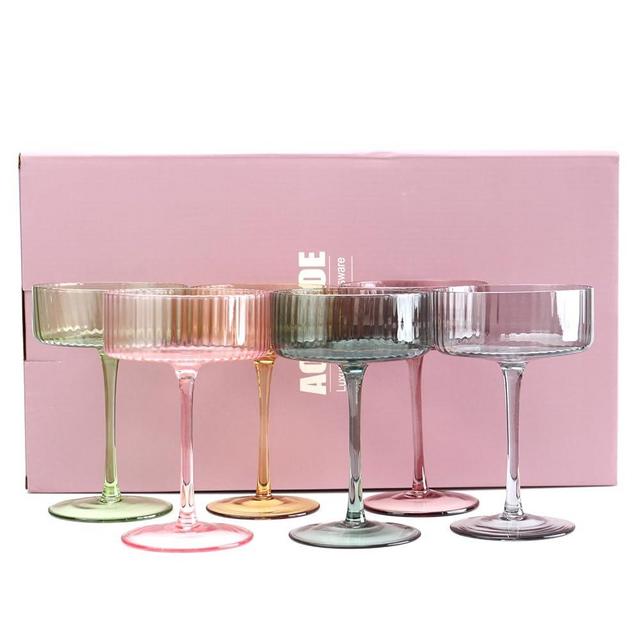AOROTOE Champagne Coupe Glasses Set Of 6 Martini Glasses Ribbed Colored Glassware Vintage Cocktail Glasses Gifts Box Gifts For Women Mom Wife Sisters And Grandmother 10 Oz Pink Yellow Weddings
