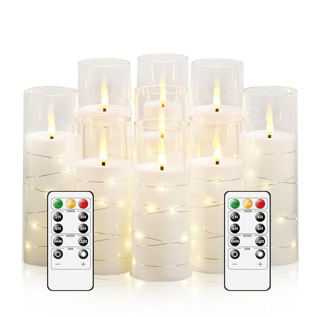 kakoya Flameless LED Candles with Timer 9 Pc Flickering Flameless Candles for Romantic Ambiance and Home Decoration Stable Acrylic Shell,with Embedded Star String，Battery Operated Candles（White）