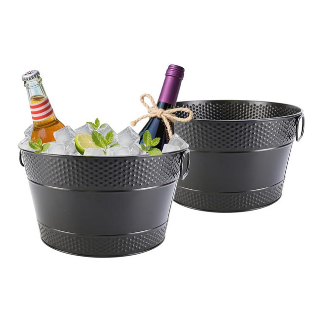 Metal Ice Bucket Galvanized Beverage Tub, 2Pack Drink Buckets Large Cooler for Wine Beer Champagne Cocktails for Catering, Bars, Parties, Outdoor Events (Black-2PCS)