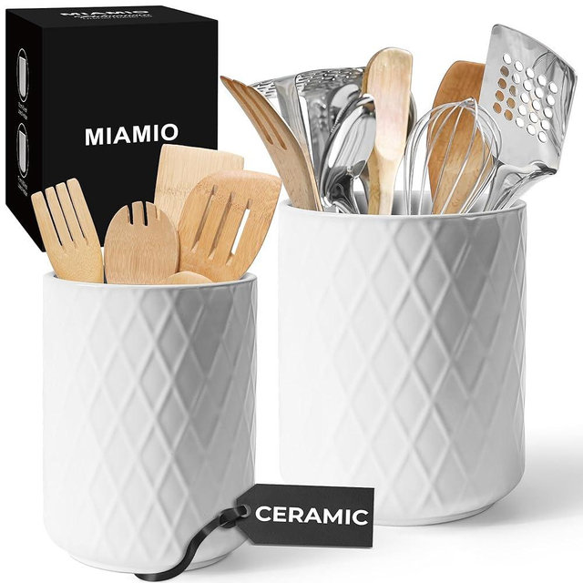 MIAMIO – Kitchen Utensil Holder Ceramic/Kitchen Organizer Set, Farmhouse Decor for Organizing Countertop and Storing Cutlery, Cooking Spoons, and Accessories - Palmanova Collection (White)