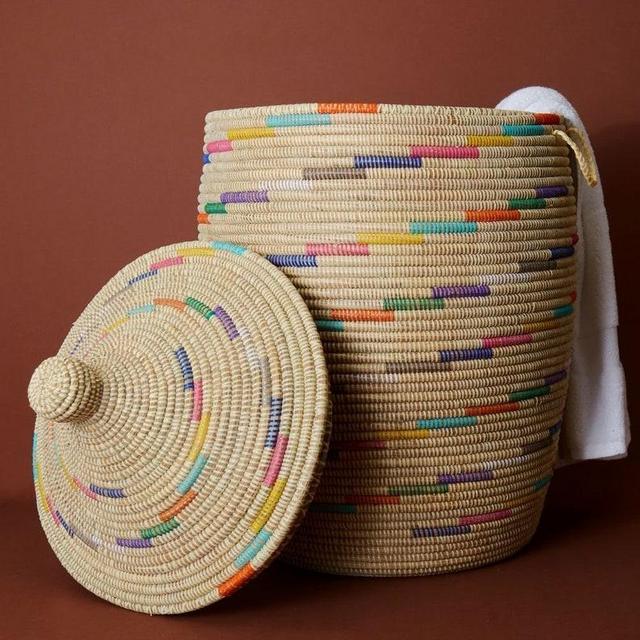 Senegal Extra Large Hand Woven Grass Beige Colorful Swirl Basket with Hooded Lid