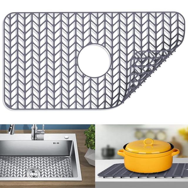 kitchen sink mats, JIUBAR sink protectors for kitchen sink,silicone sink mat,Sink Mat Grid 26''x 14'' for Bottom of Farmhouse Stainless Steel Porcelain Sink Center Drain.(Grey)