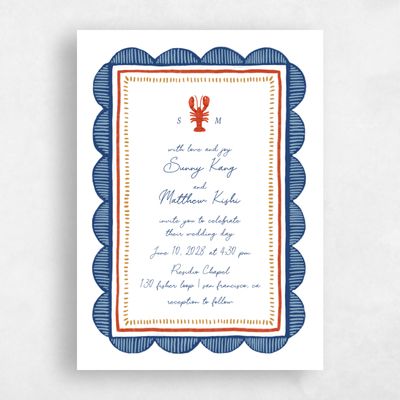 Light Navy, White Wedding Invitation - Costa Portrait