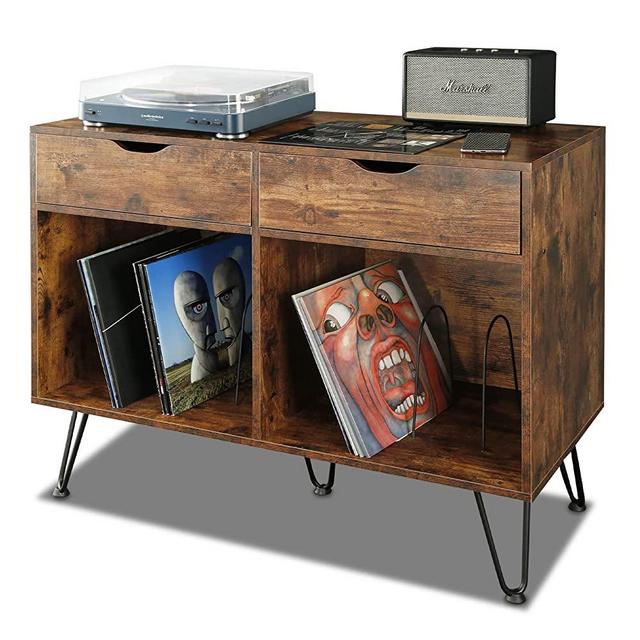 TC-HOMENY Record Player Stand, Double Wide Turntable Stand with Record Storage and Metal Hairpin Legs, Record Player Table Holds Up to 140 Albums for Living Room, Bedroom, Office