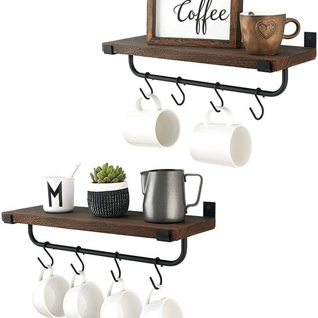 Mkono Mug Holder Wall Mounted Coffee Mug Rack Set of 2 Rustic Floating Shelf for Coffee Bar Accessories Wood Tea Cup Hooks Hanger for Organizing Cooking Utensils, Home Decor for Kitchen Bathroom