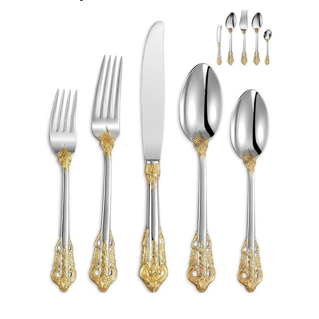 KEAWELL Luxury 45 Pieces 18/10 Stainless Steel Flatware set, Service for 8, silver plated with gold accents, Fine Silverware set and Dishwasher Safe