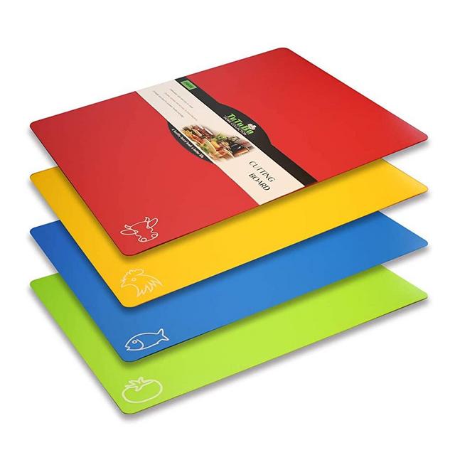 Cutting Board Mats Flexible Plastic Colored Mats With Food Icons, Fotouzy BPA-Free, Non-Porous, Anti-skid back and Dishwasher Safe, Set of 4