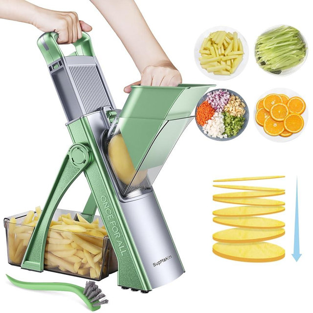 SupMaKin Upgrade Safe Mandoline Slicer and Vegetable Chopper, Potato Slicer Adjustable Thickness 4 Modes 40+ Pre Set BPA Free for Kitchen Cooking Fritus Food French Fry Cutter Green