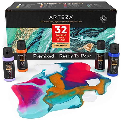 Arteza Acrylic Pouring Paint, 2oz Bottles, Set of 32 Assorted Colors, High Flow Acrylic Paint, No Mixing Needed, Paint for Pouring on Canvas, Glass, Paper, Wood, Tile, and Stones