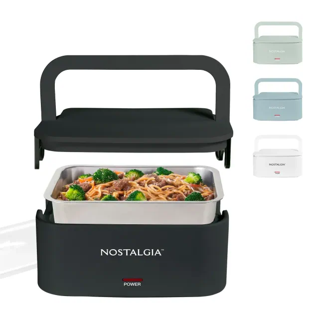 Nostalgia 32-Ounce Portable Heated Electric Lunch Box – Leak-Proof Silicone Sealed Lid, Foldable Carry Handle, Detachable Cord – Black