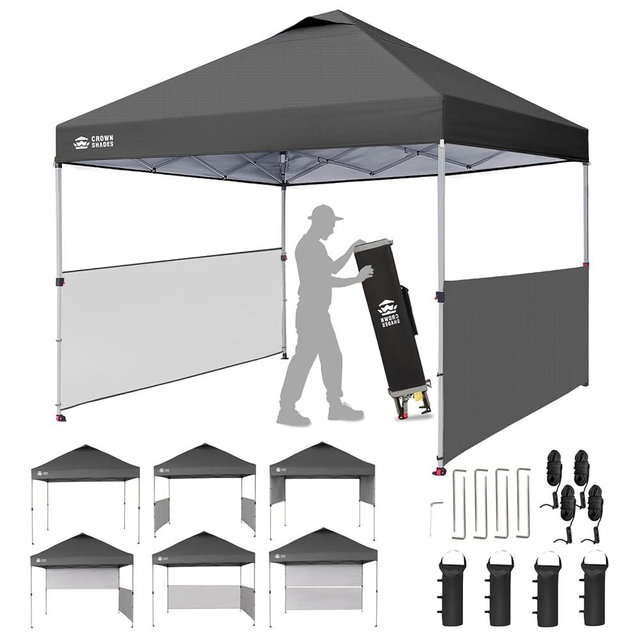 CROWN SHADES 10x10 Pop up Canopy Tent Instant Canopy with 150D Silver Coated Fabric Including 2 Half Sidewalls, 4 Ropes, 8 Stakes, 4 Weight Bags, STO 'N Go Bag, Grid Grey