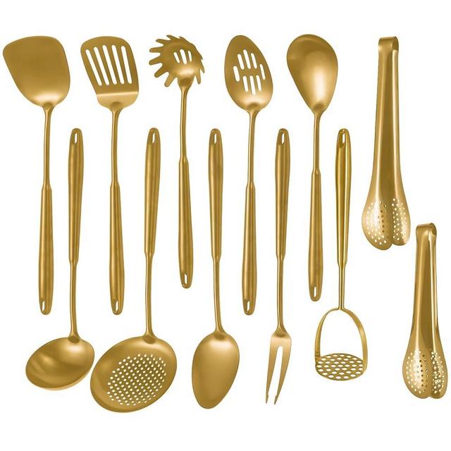 304 Stainlss Steel Matte Kitchen Utensils Set, 12 Pcs Long Metal Cooking Utensil Gadgets Tools Set with Spatula, Ladle, Spoon, Ladle, Skimmer, Tunner, Pasta Server, Tongs(Gold, Dishwasher Safe)