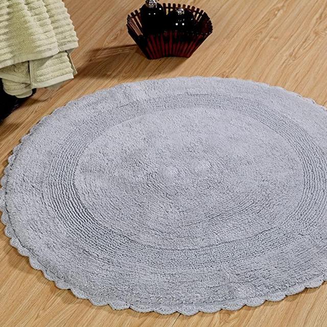 Saffron Fabs Bath Rug Cotton 36 In Round, Reversible-Different Pattern On Both Sides, Silver Gray, Hand Knitted Crochet Lace Border, Machine Washable