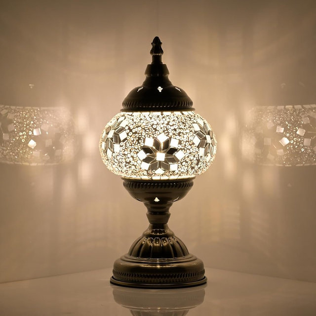 GOGERS Turkish Moroccan Table Lamp Lantern with Handmade Mosaic Glass Lampshade Tiffany Style Bohemian Stained Glass Decorative Desk Lamps Bedside Night Lights for Bedroom (White Fancy)