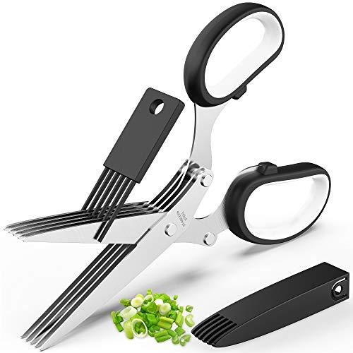 Updated 2020 Herb Scissors Set - Cool Kitchen Gadgets for Cutting Fresh Garden Herbs - Herb Cutter Shears with 5 Blades and Cover, Sharp and Anti-rust Stainless Steel, Dishwasher Safe, Black-White