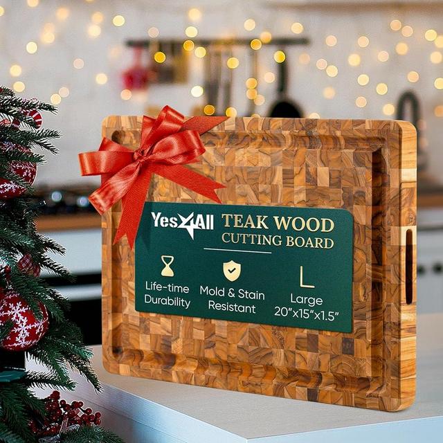 Yes4All Durable Teak Cutting Boards for Kitchen, [20''L x 15''W x 1.5” Thick] Large End Grain Cutting Board, Pre Oiled Wood Cutting Boards, Thick Chopping Board w/Juice Grooves and Easy Grip Handle