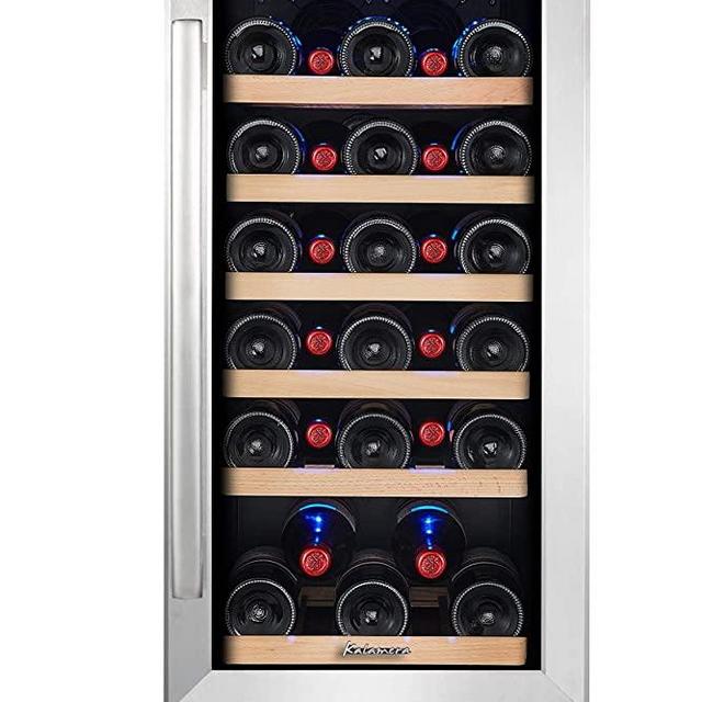 Kalamera 15 Inch Wine Cooler Refrigerator 30 Bottle with Stainless Steel & Double-Layer Tempered Glass Door and Temperature Memory Function Built-in or Freestanding Mini Fridge