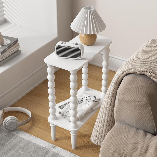 Veegle Narrow Side Table, Small End Table with Storage Shelf, 2-Tier Small Coffee Tables for Living Room, Bedroom, Narrow Spaces (White)