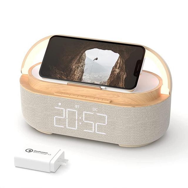 【2022 Newest】Digital Alarm Clock Radio with Bluetooth Speaker, Night Light, 15W Wireless Charger, Dual Wireless Speaker, Adjustable Loud Alarm Sound, Snooze, Dimmable LED Display, Large Battery Backup