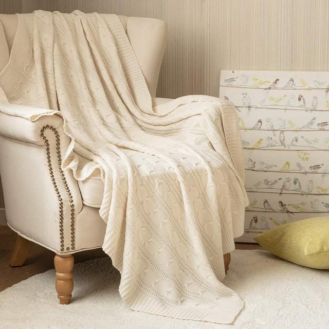 jinchan Throw Blanket Ivory Lightweight Cable Knit Sweater Style Year Round Gift Indoor Outdoor Travel Accent Throw for Sofa Comforter Couch Bed Recliner Living Room Bedroom Decor 50" x 60"