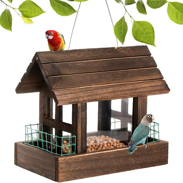 Frcctre Wooden Bird Feeder, Handmade Bird House Feeder with Double Plastic Window and Double Suet Cages, Hanging Bird Feeder for Garden Yard Outside Decoration Attracting for Wild Birds Animals