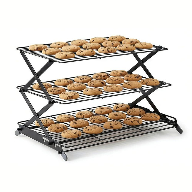 NZJWZS 3-Tier Collapsible Cooling Rack - Adjustable & Stackable Wire Baking Rack with Stable X-Leg Design, Space-Saving Cooling Racks for Cooking, Baking Cookies, Cakes, Roasting & Drying (Black)