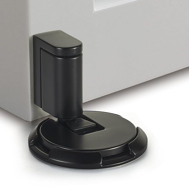 DOOROOM Windproof Door Stopper Indoor Heavy Duty Floor Door Stop Keep Door Open Mechanical No Drilling Door Stopper with Screws and 3M Adhesive, 4 Pack, Matt Black