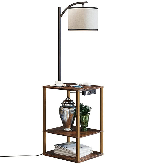 SUNMORY Floor Lamp with Table, Lamps for Living Room with Charging Station(USB & AC Port), Rustic End Table Lamp with Shelves & 3-Color Temperature LED Bulb, Lamp Table for Living Room, Bedroom(Brown)