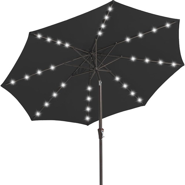 JEAREY 9FT Outdoor Patio Umbrella with Solar Lights, LED Lighted Pool Umbrella with Tilt and Crank, Outdoor Table Umbrellas for Deck, Yard & Market (Jet Black)