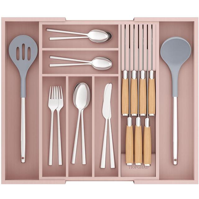 TIOPGHAD Bamboo-Silverware-Drawer-Organizer-Kitchen, Expandable Utensil Holder Cutlery Tray Flatware Organization Adjustable Wood Tableware Dividers Storage (with Removable Knife Block)(Grey Pink)